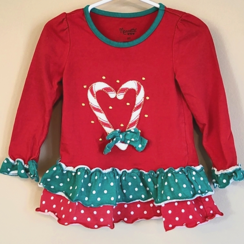 Red/green polka dot holiday top with candy cane detail